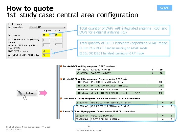 How to quote Central 1 st study case: central area configuration Total quantity of