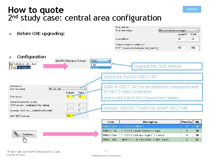 How to quote Central 2 nd study case: central area configuration o Before OXE