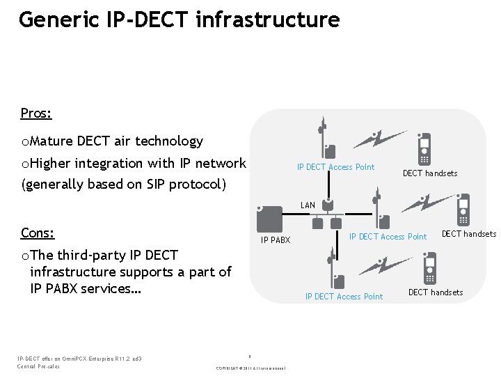 Generic IP-DECT infrastructure Pros: o Mature DECT air technology o Higher integration with IP