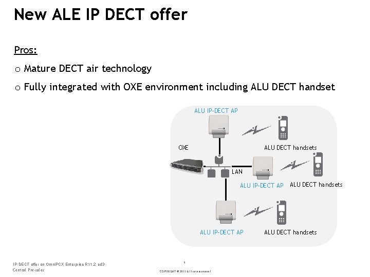 New ALE IP DECT offer Pros: o Mature DECT air technology o Fully integrated