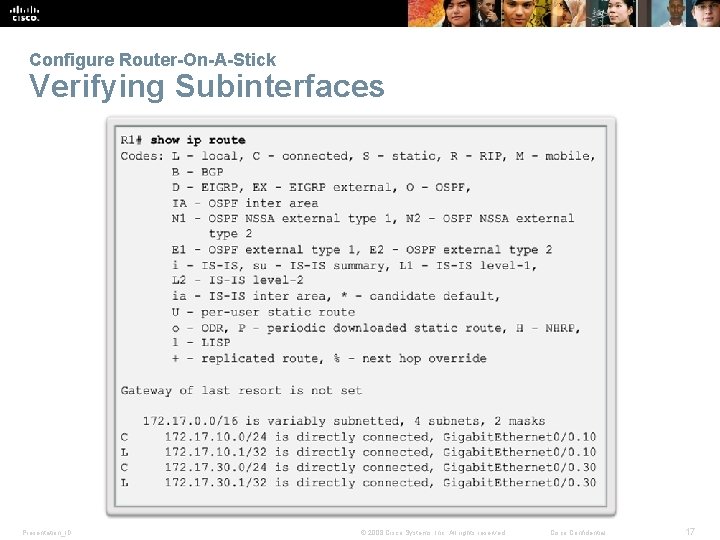 Configure Router-On-A-Stick Verifying Subinterfaces Presentation_ID © 2008 Cisco Systems, Inc. All rights reserved. Cisco