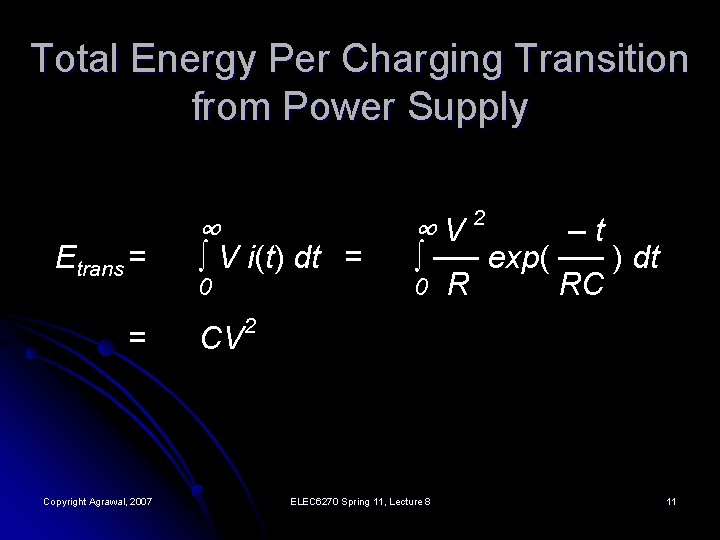 Total Energy Per Charging Transition from Power Supply Etrans = = Copyright Agrawal, 2007