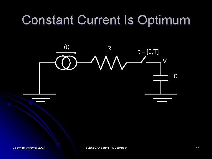Constant Current Is Optimum I(t) R t = [0, T] V C Copyright Agrawal,