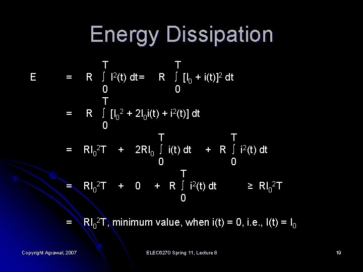 Energy Dissipation E = = = Copyright Agrawal, 2007 T T R ∫ I