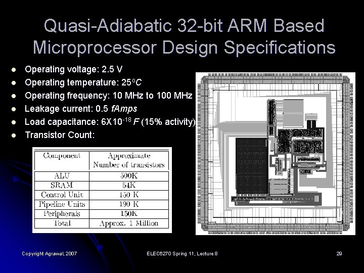 Quasi-Adiabatic 32 -bit ARM Based Microprocessor Design Specifications l l l Operating voltage: 2.