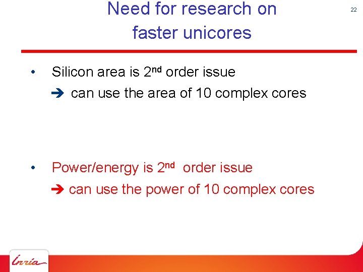 Need for research on faster unicores • Silicon area is 2 nd order issue