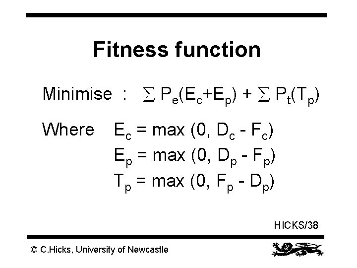 Fitness function Minimise : Pe(Ec+Ep) + Pt(Tp) Where Ec = max (0, Dc -