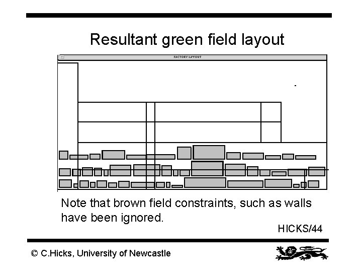 Resultant green field layout Note that brown field constraints, such as walls have been