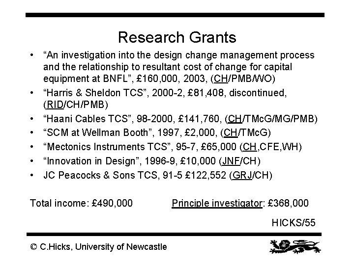 Research Grants • “An investigation into the design change management process and the relationship