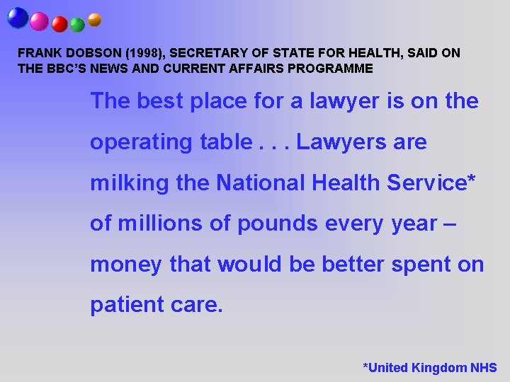 FRANK DOBSON (1998), SECRETARY OF STATE FOR HEALTH, SAID ON THE BBC’S NEWS AND