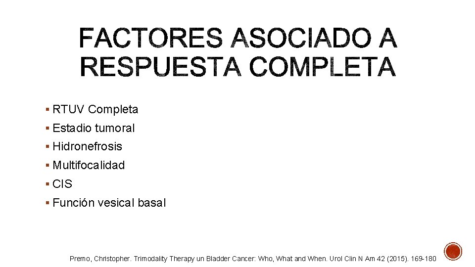 § RTUV Completa § Estadio tumoral § Hidronefrosis § Multifocalidad § CIS § Función