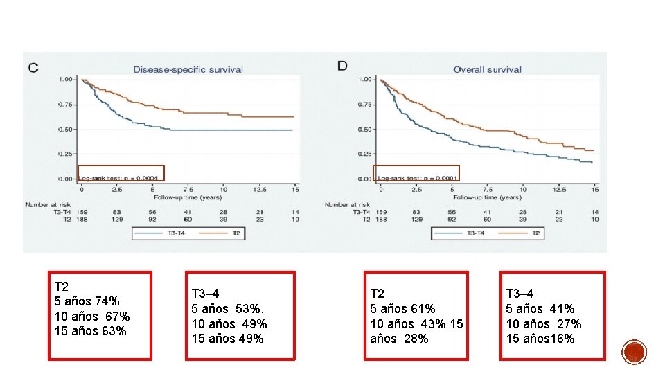 T 2 5 años 74% 10 años 67% 15 años 63% T 3– 4