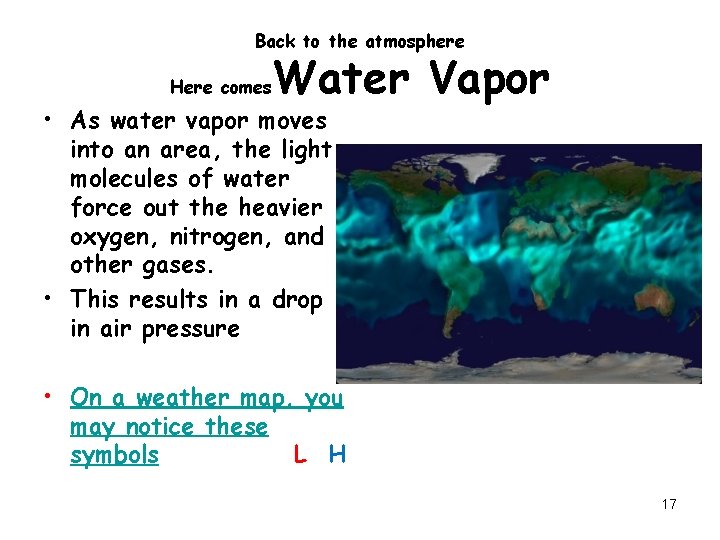 Back to the atmosphere Here comes Water Vapor • As water vapor moves into