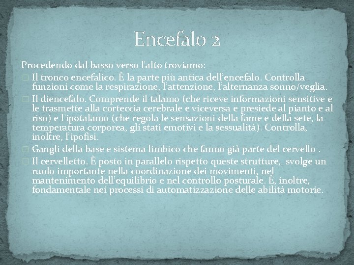 Encefalo 2 Procedendo dal basso verso l’alto troviamo: � Il tronco encefalico. È la