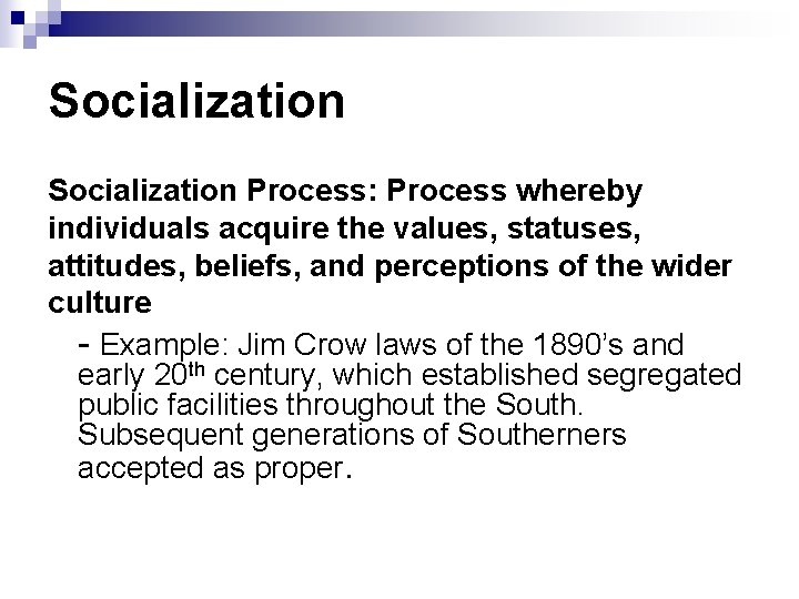 Socialization Process: Process whereby individuals acquire the values, statuses, attitudes, beliefs, and perceptions of