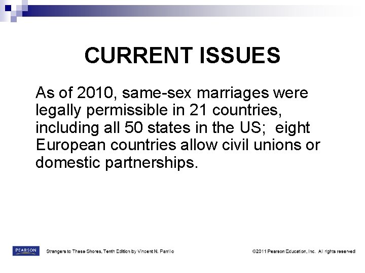 CURRENT ISSUES As of 2010, same-sex marriages were legally permissible in 21 countries, including