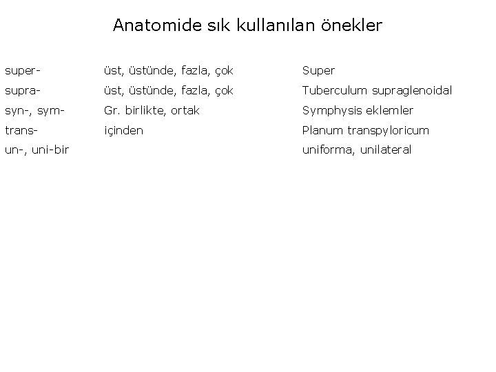 Anatomide sık kullanılan önekler super- üst, üstünde, fazla, çok Super supra- üst, üstünde, fazla,