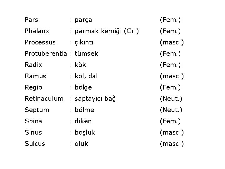 Pars : parça (Fem. ) Phalanx : parmak kemiği (Gr. ) (Fem. ) Processus