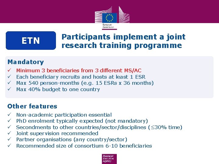 ETN Participants implement a joint research training programme Mandatory ü ü Minimum 3 beneficiaries