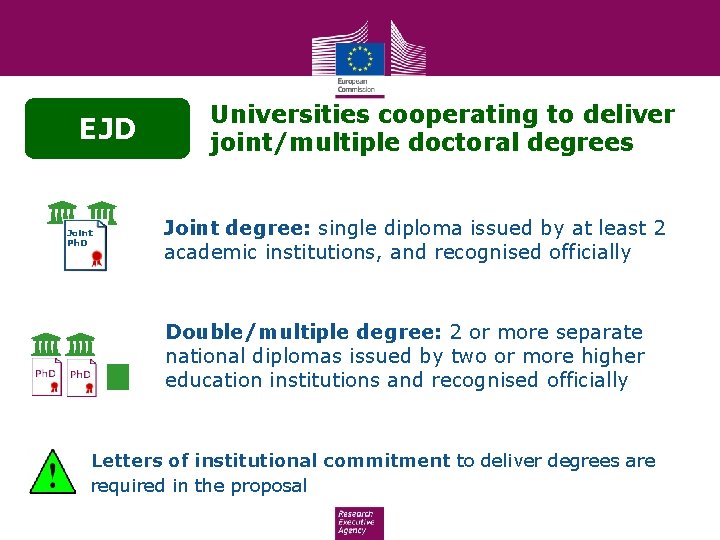 EJD Universities cooperating to deliver joint/multiple doctoral degrees Joint degree: single diploma issued by
