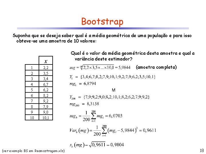 Bootstrap Suponha que se deseja saber qual é a média geométrica de uma população