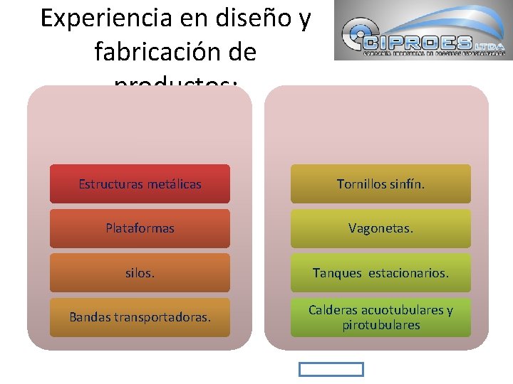 Experiencia en diseño y fabricación de productos: Estructuras metálicas Tornillos sinfín. Plataformas Vagonetas. silos.