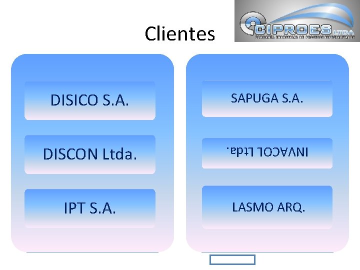 Clientes DISICO S. A. SAPUGA S. A. DISCON Ltda. INVACOL Ltda. IPT S. A.