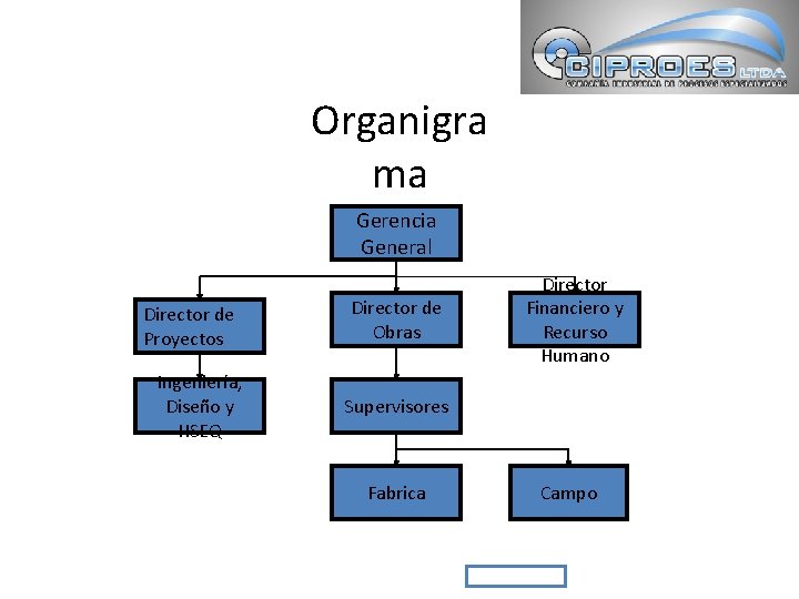 Organigra ma Gerencia General Director de Proyectos Ingeniería, Diseño y HSEQ Director de Obras