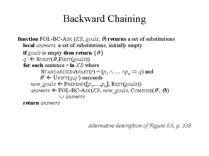 Backward Chaining function FOL-BC-ASK (KB, goals, ) returns a set of substitutions local answers,