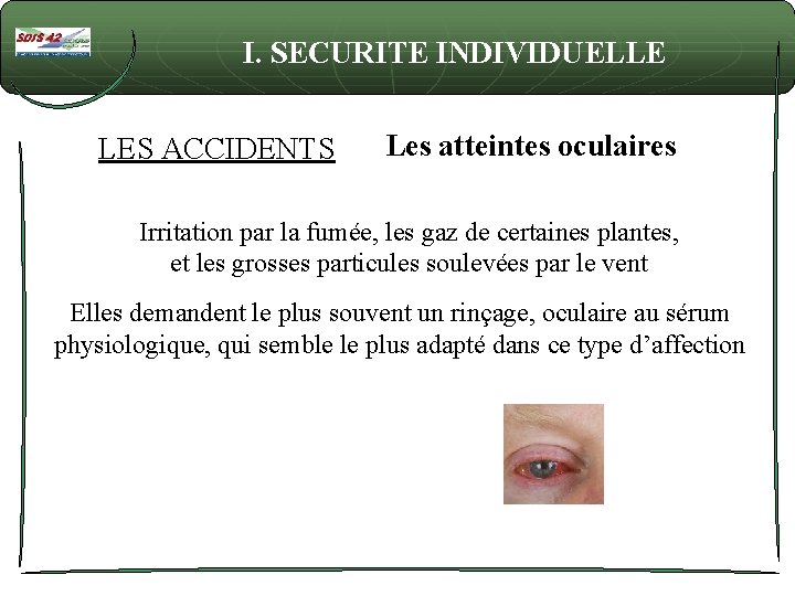 I. SECURITE INDIVIDUELLE LES ACCIDENTS Les atteintes oculaires Irritation par la fumée, les gaz