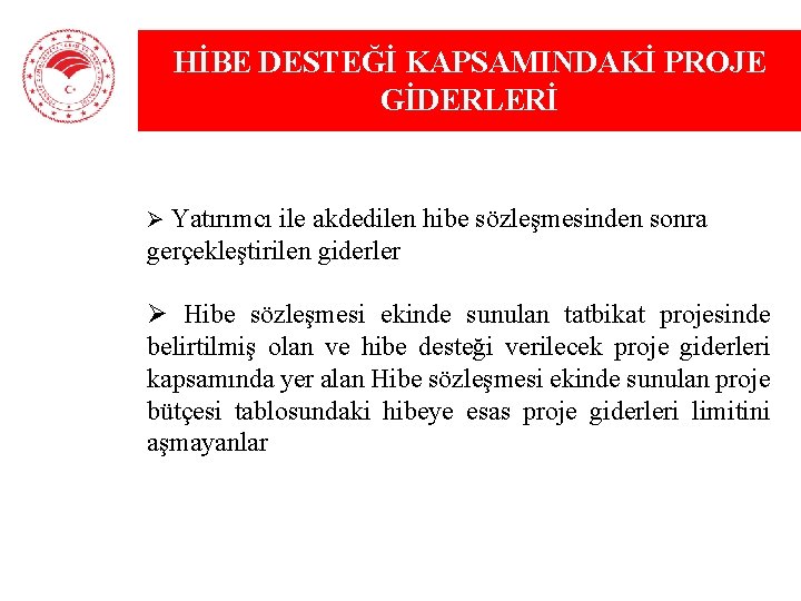 HİBE DESTEĞİ KAPSAMINDAKİ PROJE GİDERLERİ Ø Yatırımcı ile akdedilen hibe sözleşmesinden sonra gerçekleştirilen giderler