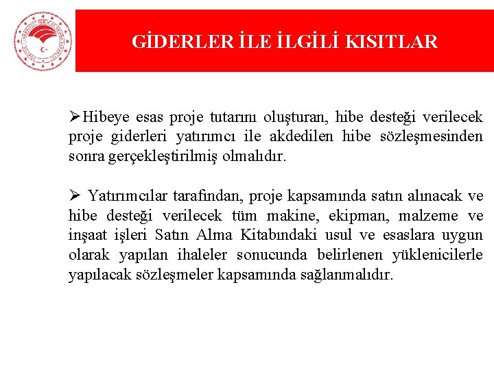 GİDERLER İLE İLGİLİ KISITLAR ØHibeye esas proje tutarını oluşturan, hibe desteği verilecek proje giderleri