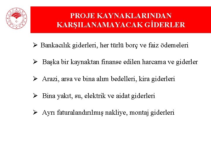 PROJE KAYNAKLARINDAN KARŞILANAMAYACAK GİDERLER Ø Bankacılık giderleri, her türlü borç ve faiz ödemeleri Ø