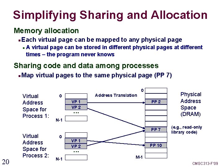Simplifying Sharing and Allocation Memory allocation Each virtual page can be mapped to any
