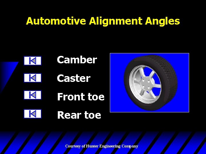 Automotive Alignment Angles Camber Caster Front toe Rear toe Courtesy of Hunter Engineering Company