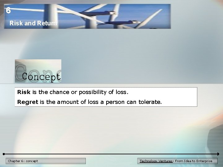 6 Risk and Return Risk is the chance or possibility of loss. Regret is