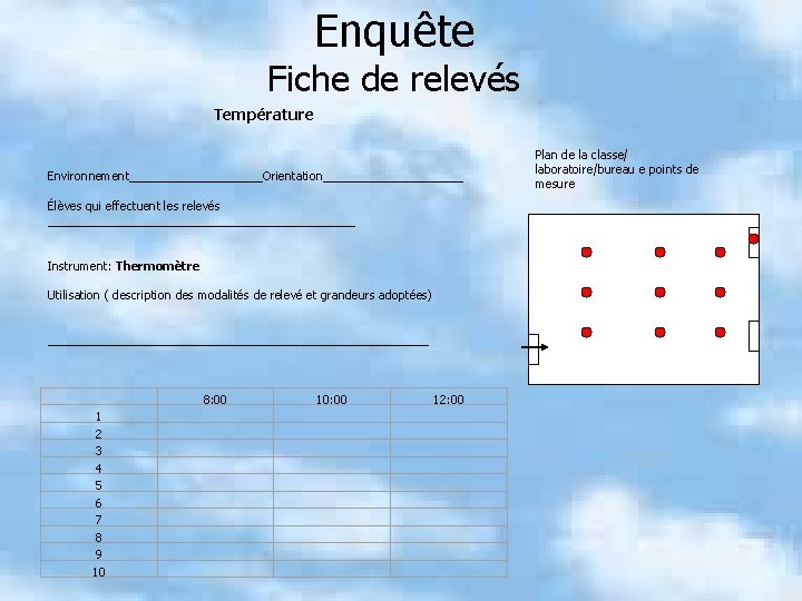 Enquête Fiche de relevés Température Environnement__________Orientation___________ Élèves qui effectuent les relevés _______________________ Instrument: Thermomètre