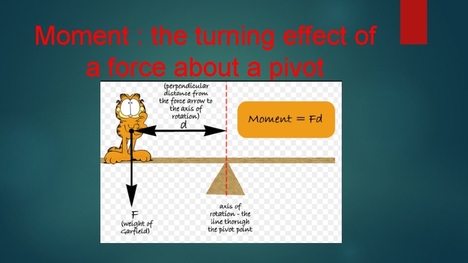 Moment : the turning effect of a force about a pivot 