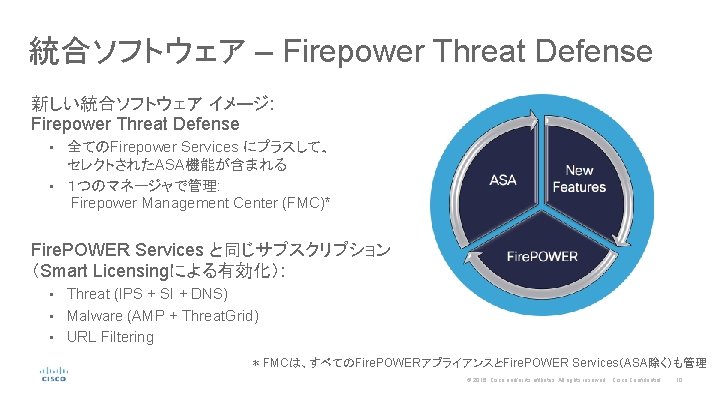 統合ソフトウェア – Firepower Threat Defense 新しい統合ソフトウェア イメージ: Firepower Threat Defense 全てのFirepower Services にプラスして、 セレクトされたASA機能が含まれる