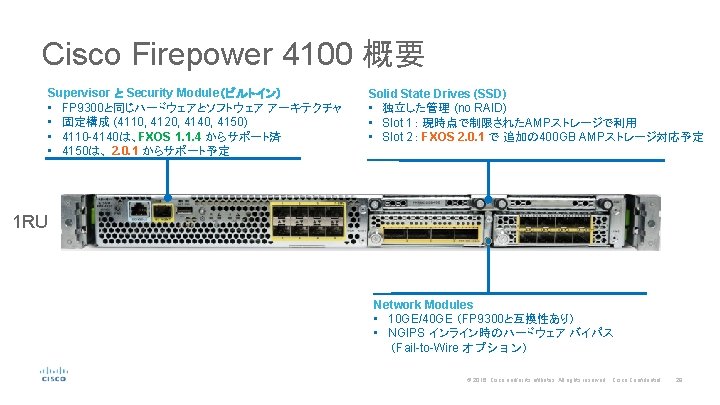 Cisco Firepower 4100 概要 Supervisor と Security Module（ビルトイン） • FP 9300と同じハードウェアとソフトウェア アーキテクチャ • 固定構成