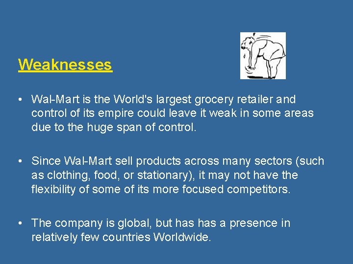 Weaknesses • Wal-Mart is the World's largest grocery retailer and control of its empire Weaknesses • Wal-Mart is the World's largest grocery retailer and control of its empire
