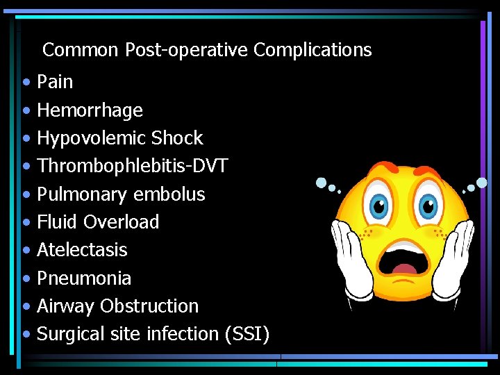 Common Post-operative Complications • • • Pain Hemorrhage Hypovolemic Shock Thrombophlebitis-DVT Pulmonary embolus Fluid