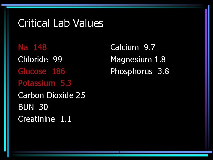 Critical Lab Values Na 148 Chloride 99 Glucose 186 Potassium 5. 3 Carbon Dioxide