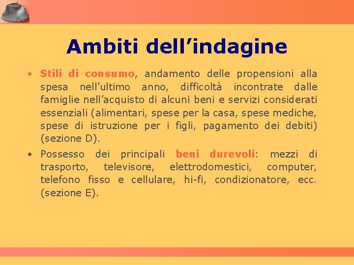 Ambiti dell’indagine • Stili di consumo, andamento delle propensioni alla spesa nell’ultimo anno, difficoltà