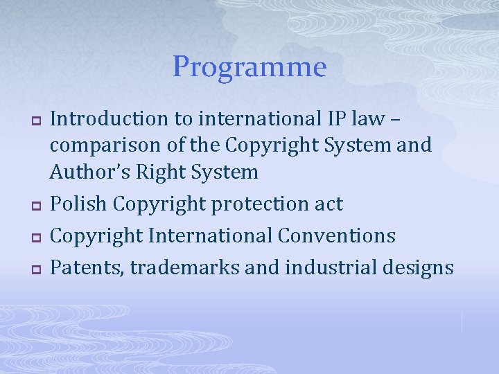 Programme p p Introduction to international IP law – comparison of the Copyright System