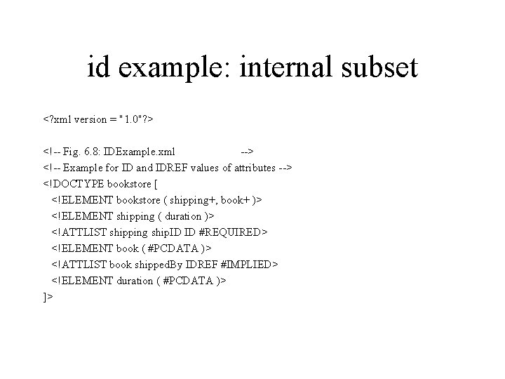 id example: internal subset <? xml version = "1. 0"? > <!-- Fig. 6.