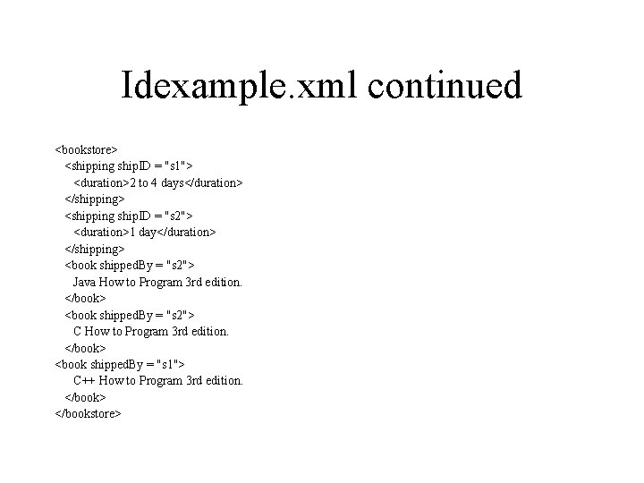 Idexample. xml continued <bookstore> <shipping ship. ID = "s 1"> <duration>2 to 4 days</duration>