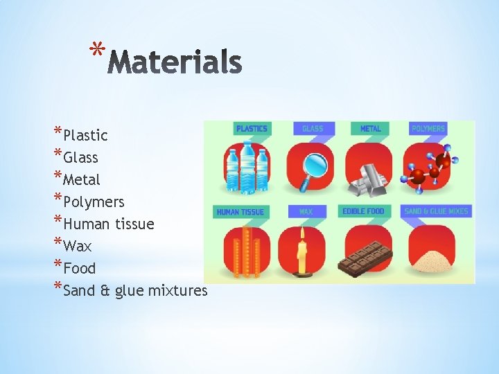 * *Plastic *Glass *Metal *Polymers *Human tissue *Wax *Food *Sand & glue mixtures 