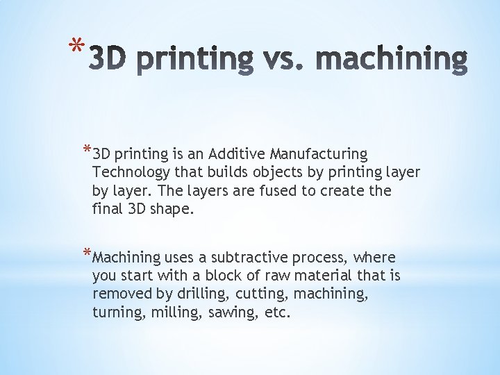 * *3 D printing is an Additive Manufacturing Technology that builds objects by printing