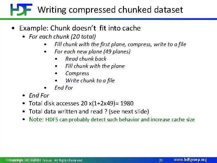 Writing compressed chunked dataset • Example: Chunk doesn’t fit into cache • For each